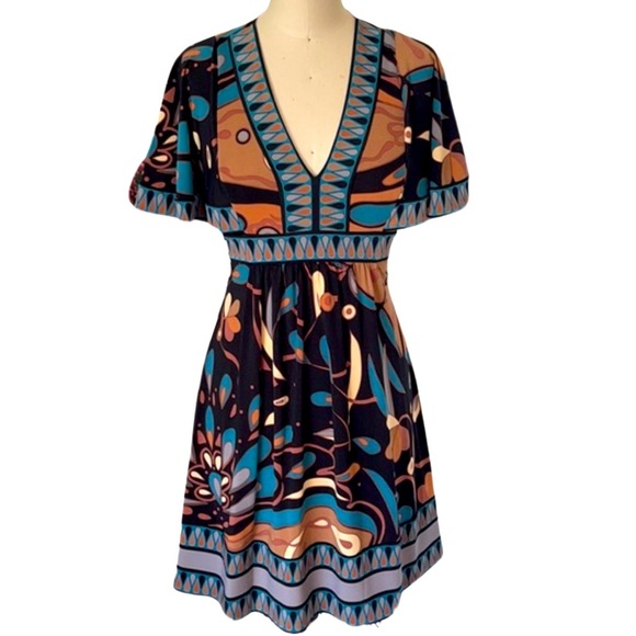 BCBGMAXAZRIA DRESS |XS Multi-Print Tie-Back Flutter Sleeve Dress - Picture 2 of 9